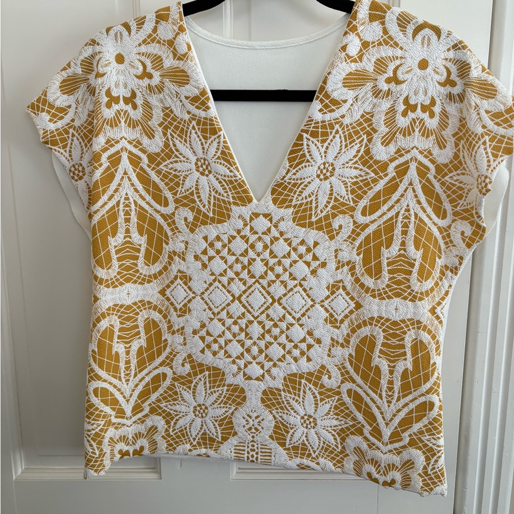 Zara Gold Tan Graphic Crop Blouse Cap Sleeve